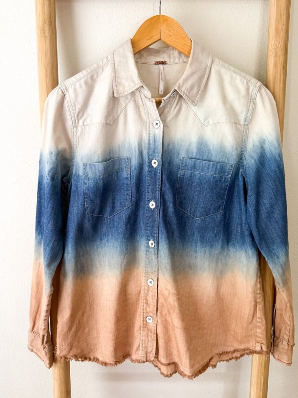 Free People Ombre Chambray Button Front Shirt Raw Hem Tan White Blue Pink Small